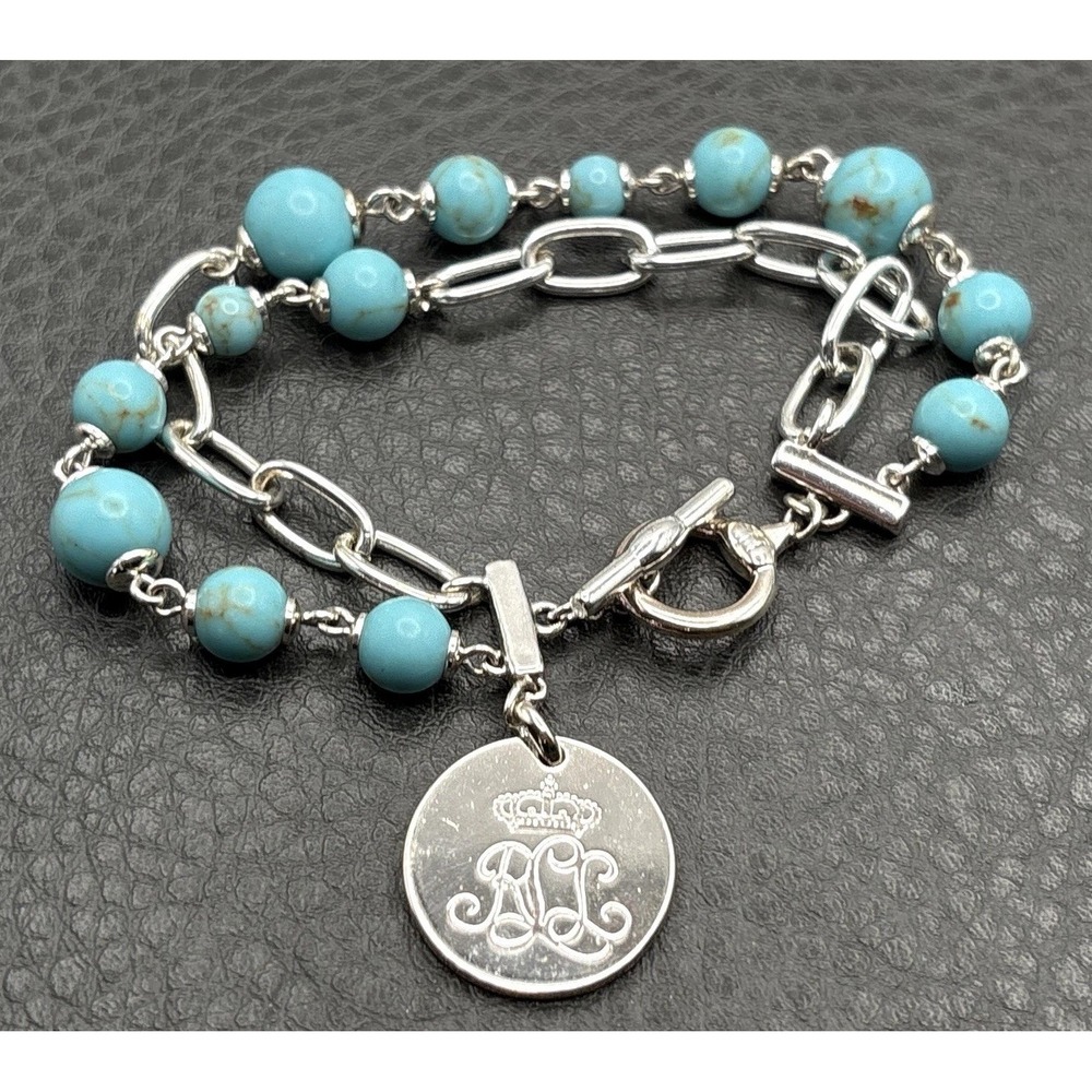 Ralph Lauren Faux Turquoise Bead Toggle Bracelet Logo Charm Silver Tone 7.5"